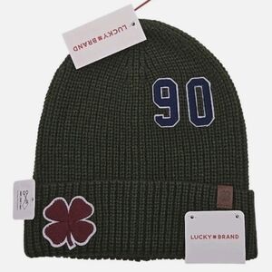 Lucky Brand Rifle Green Knit Beanie OS Patch Clover NWT Shamrock 90 Embroidery